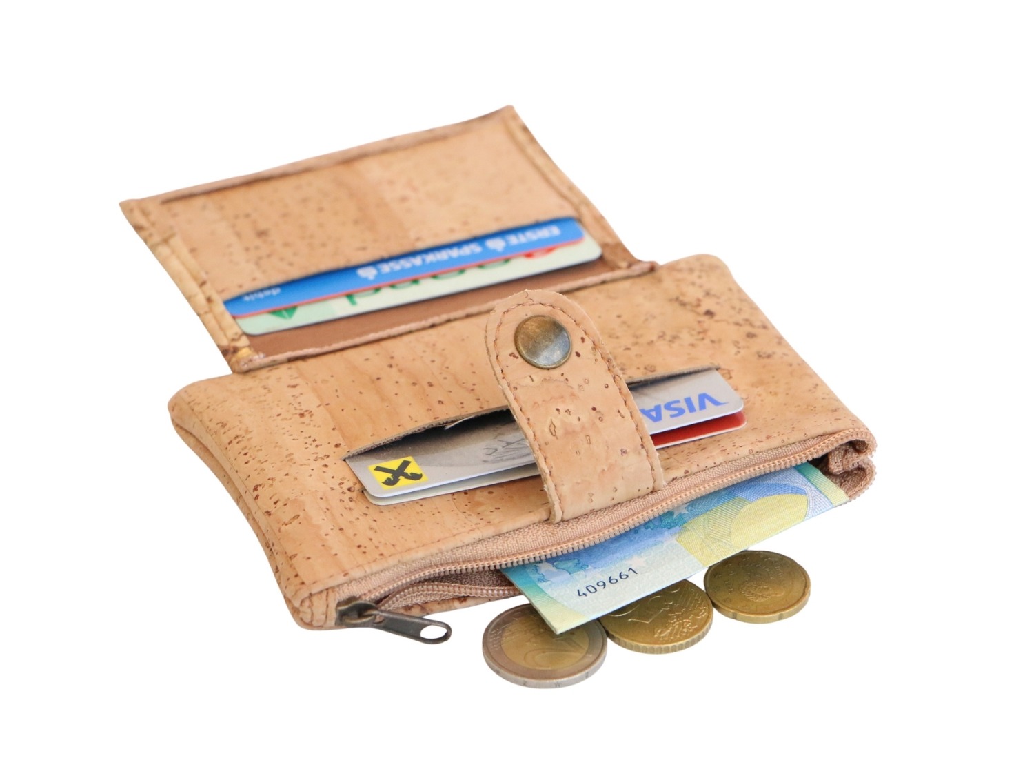 Kleines Kork Portemonnaie mit Kartenfach und Druckknopf