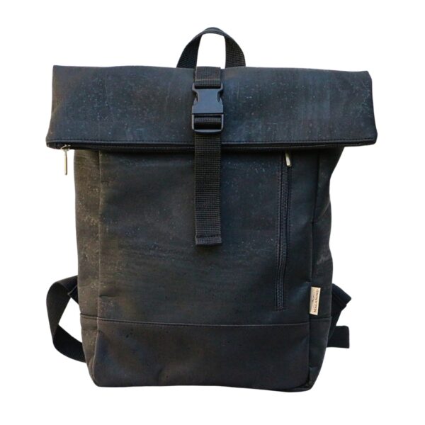 Schwarzer Kork Rolltop Rucksack ARVO von MALANDRO FASHION mit Steckverschluss und Frontfach
