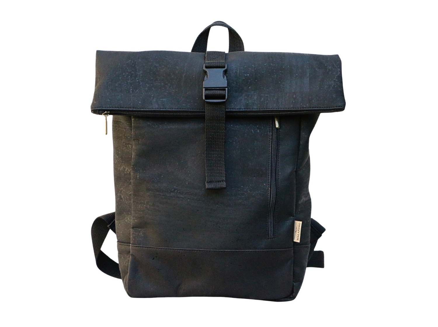 Schwarzer Kork Rolltop Rucksack ARVO von MALANDRO FASHION mit Steckverschluss und Frontfach